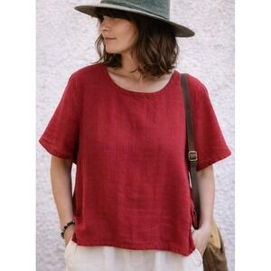 FLAX Linen Top Small Red Textured Boxy Blouse Short Sleeve Lagenlook Boho